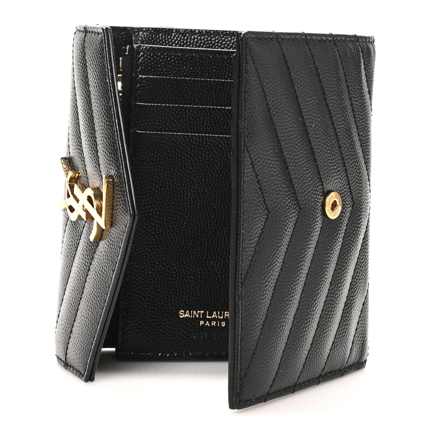 Saint Laurent Grain De Poudre Matelasse Chevron Monogram Compact Tri Fold Wallet Black 5 of 8