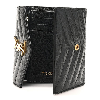 Saint Laurent Grain De Poudre Matelasse Chevron Monogram Compact Tri Fold Wallet Black 5 of 8