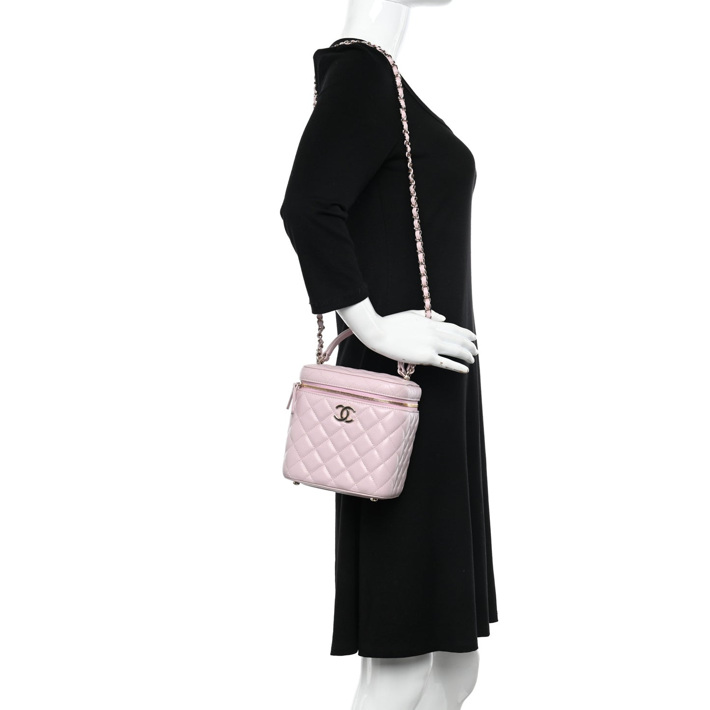 Caviar Quilted Small Top Handle Vanity Case With Chain Light Pink