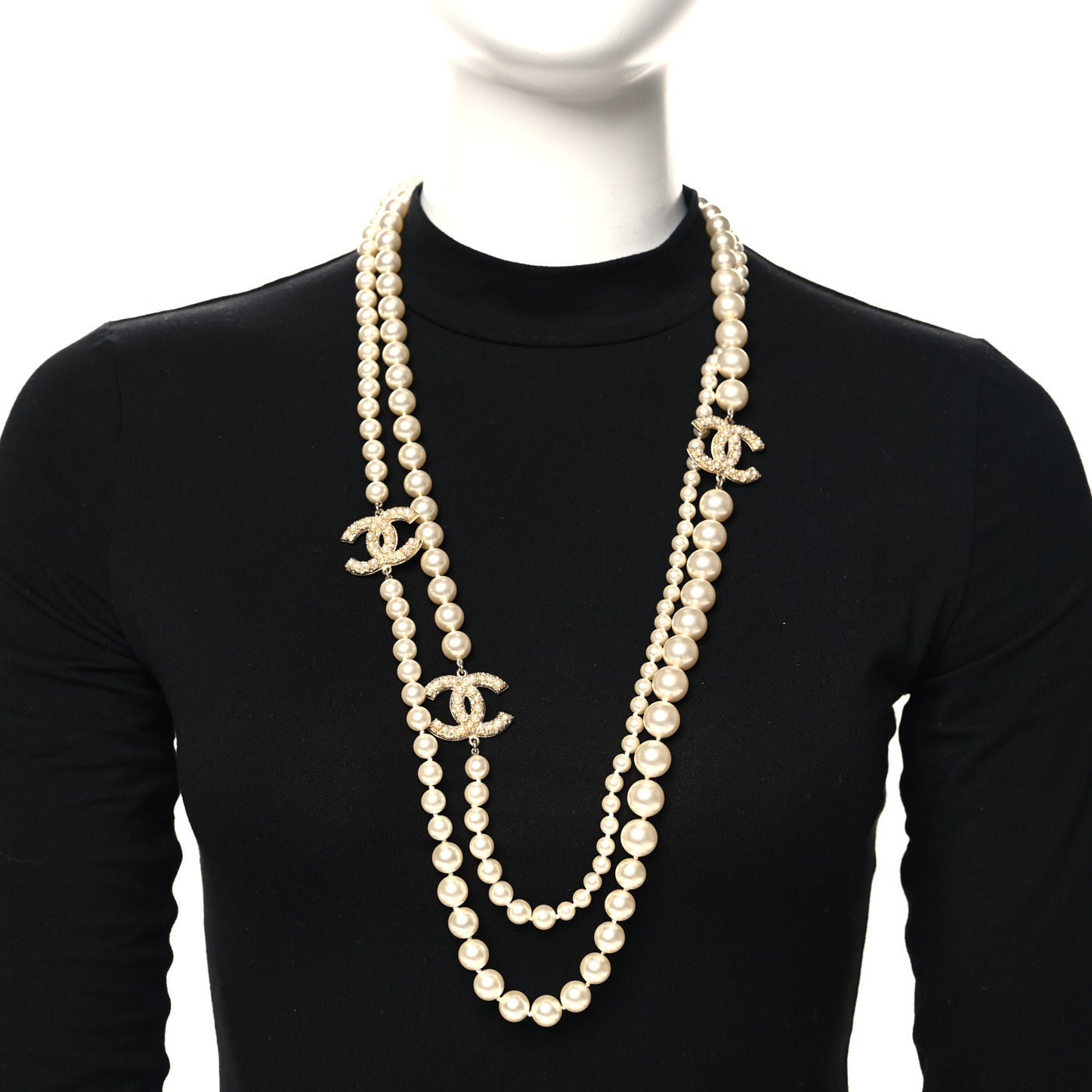 Graduated Pearl Studded CC Long Necklace Gold