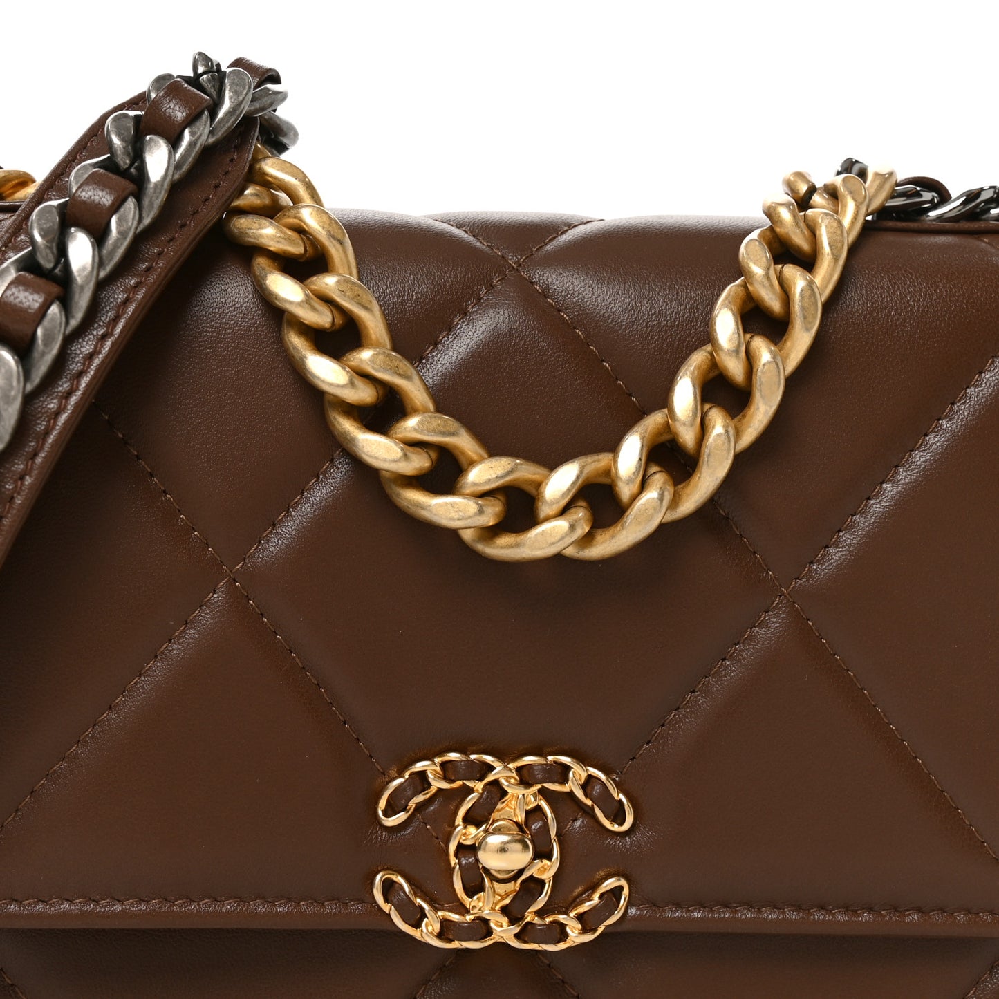 Lambskin Quilted Chanel 19 Wallet On Chain WOC Brown