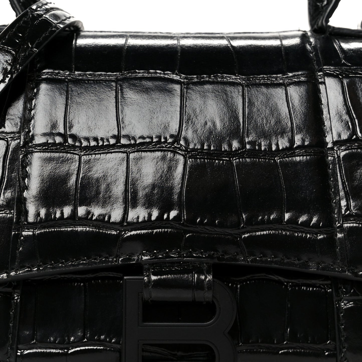 Shiny Calfskin Monochrome Crocodile Embossed Hourglass Top Handle Bag XS Black