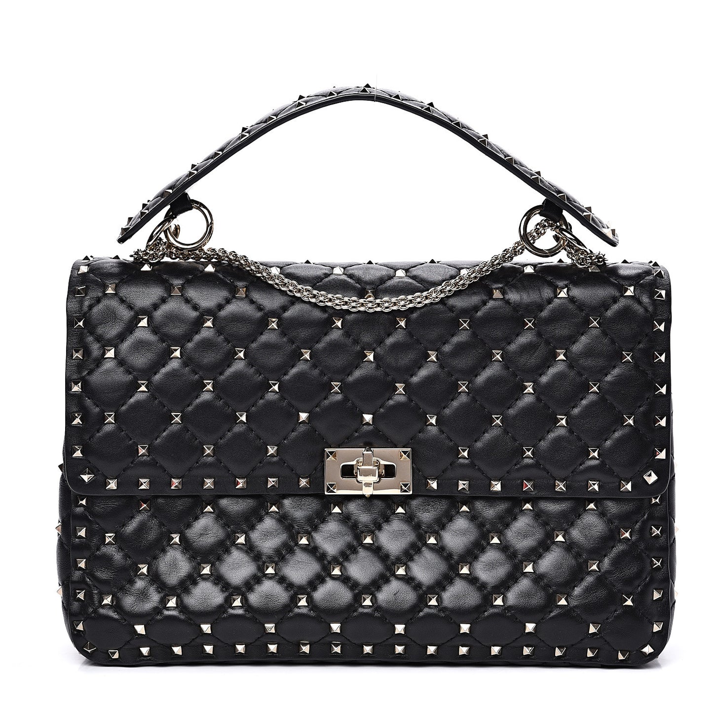 Lambskin Large Rockstud Spike Shoulder Bag Black