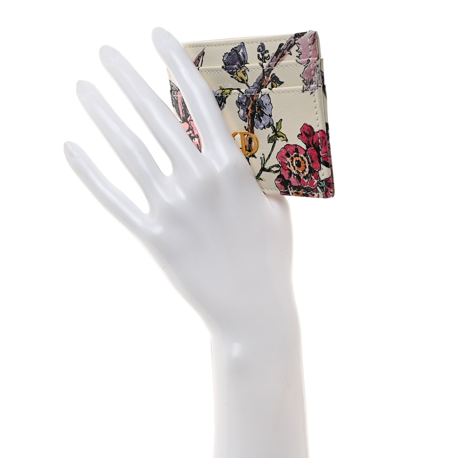 Christian Dior Calfskin Caro Floral Five-Slot Card Holder White Multicolor 2 of 9