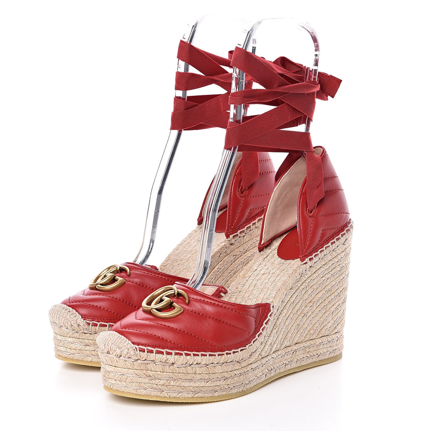 Nappa Matelasse GG Marmont Ankle Wrap Platform 35/120mm Espadrille Wedges 39.5 Hibiscus Red