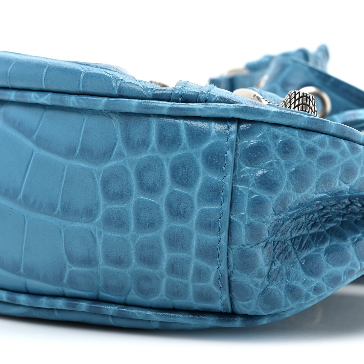 Extra Supple Calfskin Crocodile Embossed Le Cagole Shoulder Bag XS Turquoise