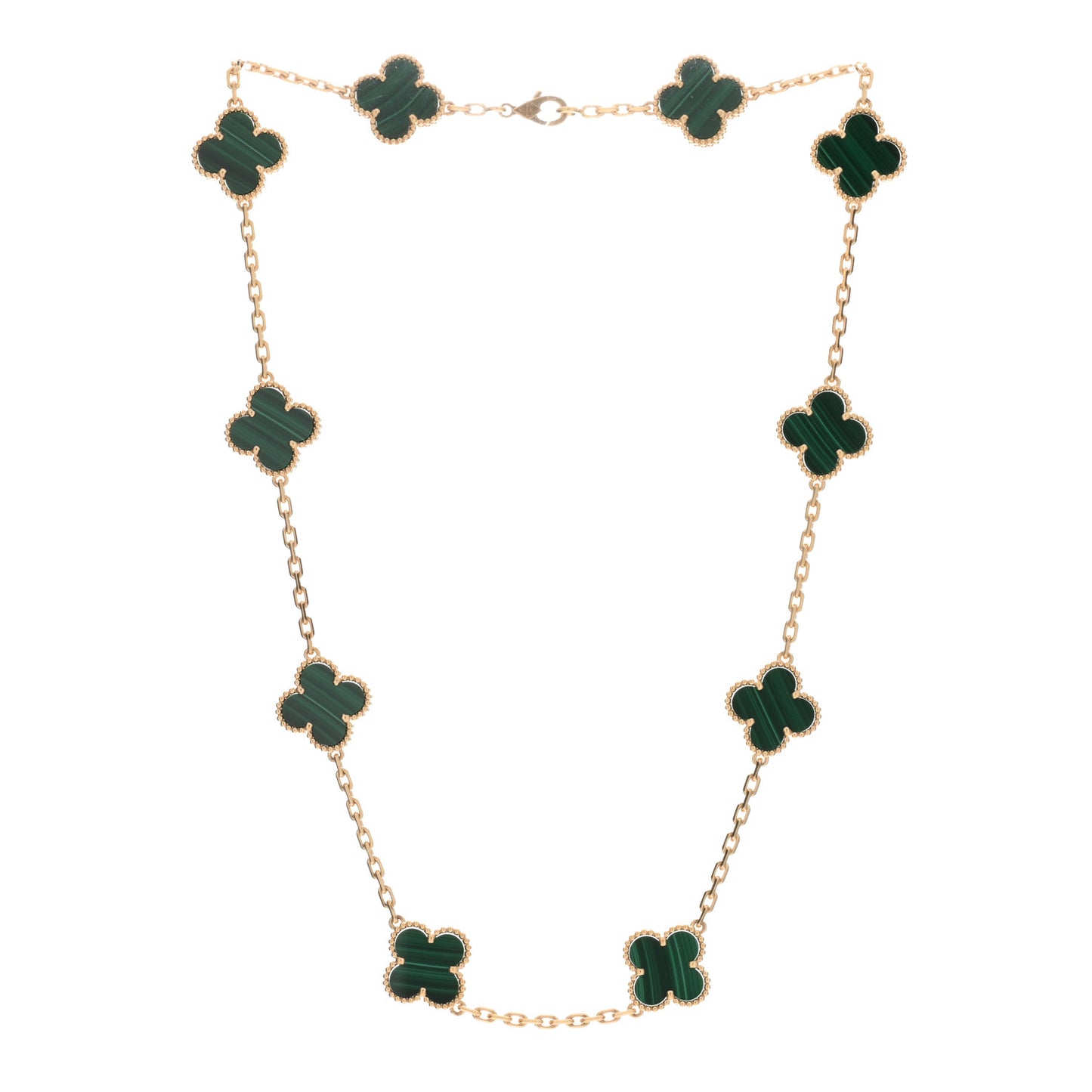 18K Yellow Gold Malachite 10 Motifs Vintage Alhambra Necklace