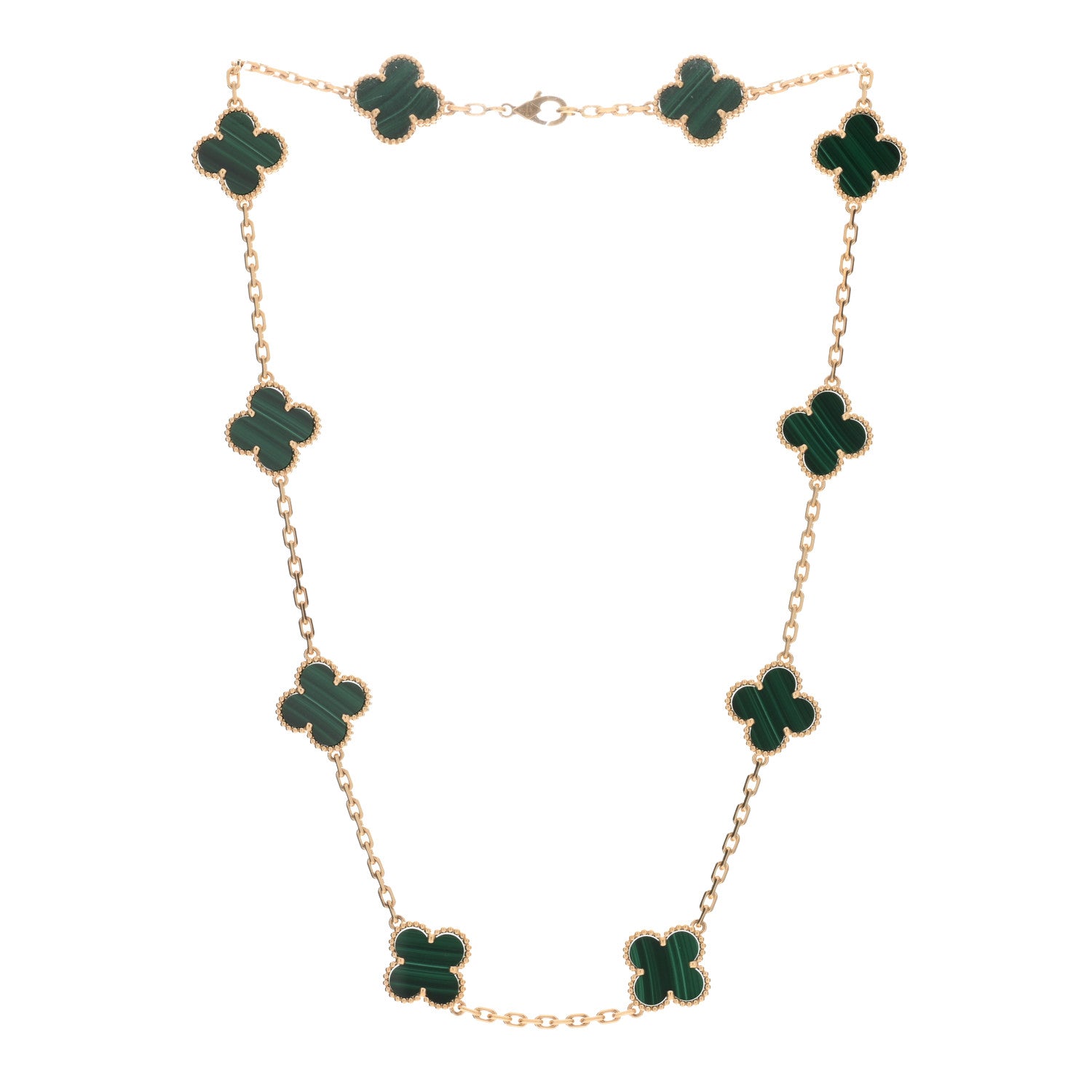 Van Cleef & Arpels 18K Yellow Gold Malachite 10 Motifs Vintage Alhambra Necklace 2 of 3