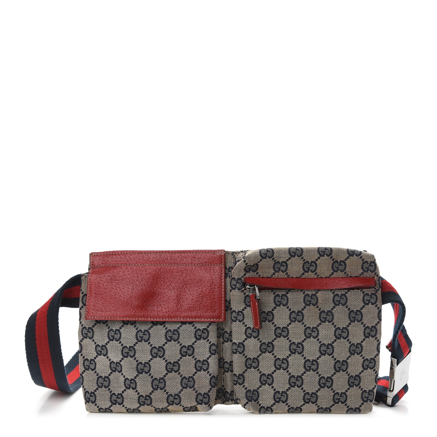 Gucci GG Monogram Web Double Pocket Belt Bag Navy Red 1 of 8
