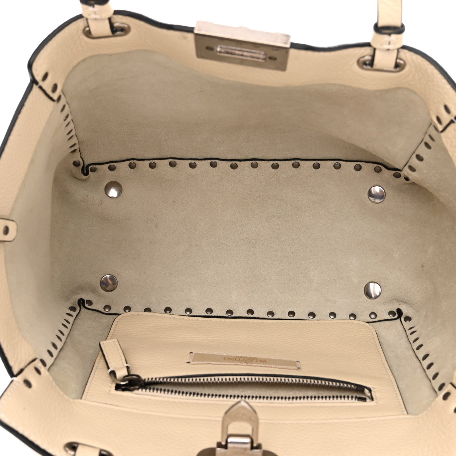Valentino Garavani Grained Calfskin Turquoise Small Rockstud Rolling Tote Light Ivory 5 of 9