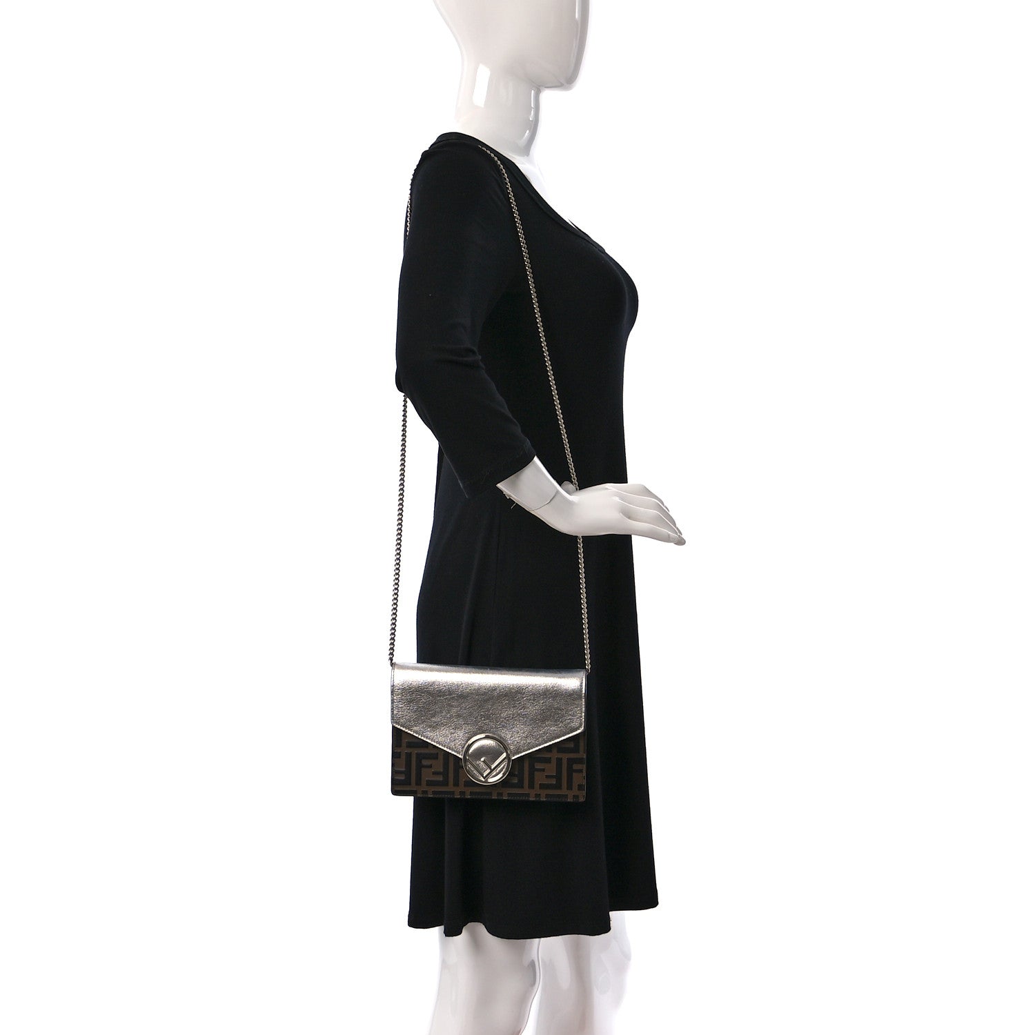 Fendi Vitello Soft Catalan Mirror F is Fendi Bi-Color FF 1974 Embossed Medium Envelope Wallet On Chain Maya Black Argento 2 of 12