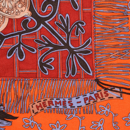 Hermes Cashmere Silk Cavaliers du Caucase Shawl 140 Orange Lavande Corail 4 of 5