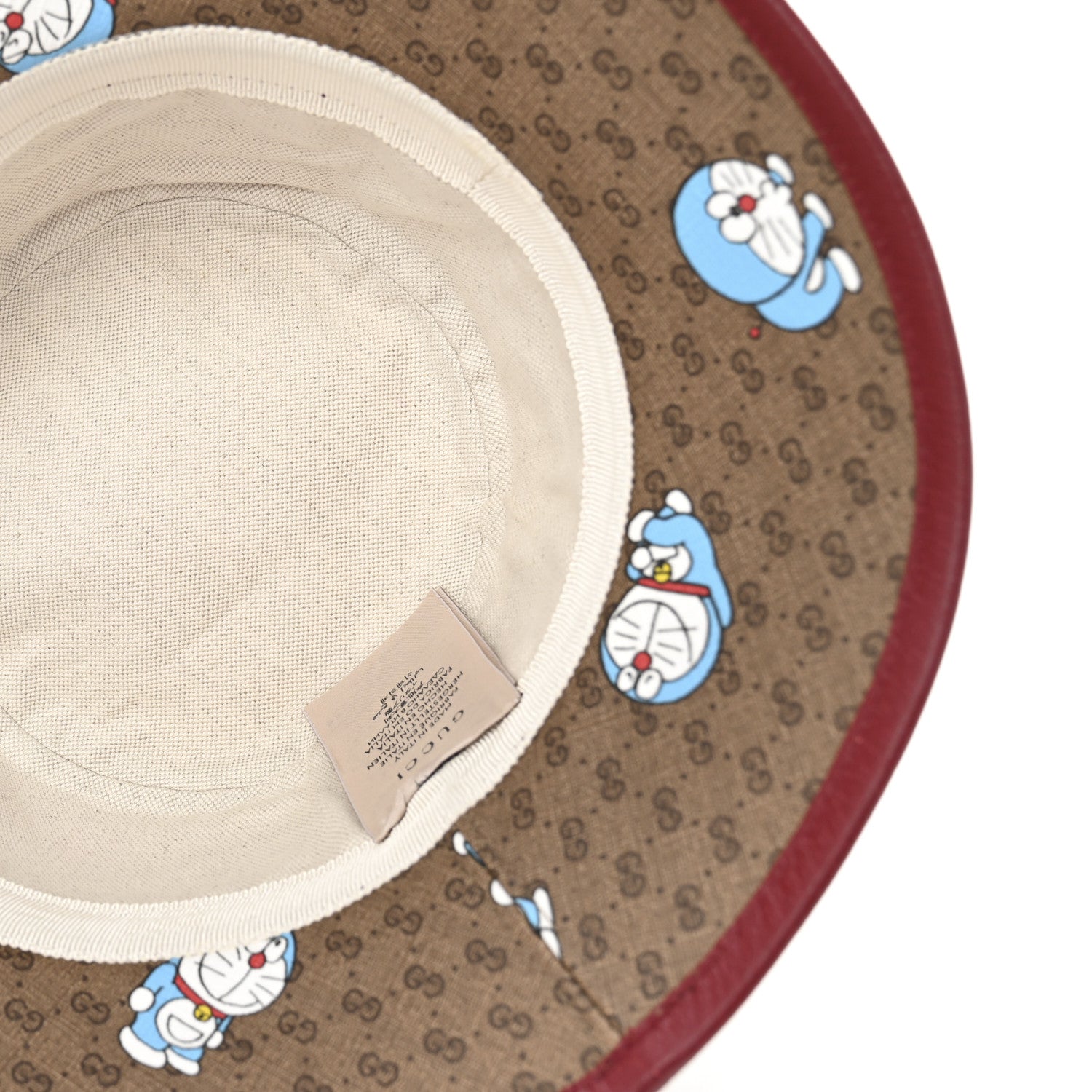 Gucci X DORAEMON Mini Vintage GG Supreme Monogram Textured Dollar Calfskin Bucket Hat S Beige Cherry Red 7 of 11