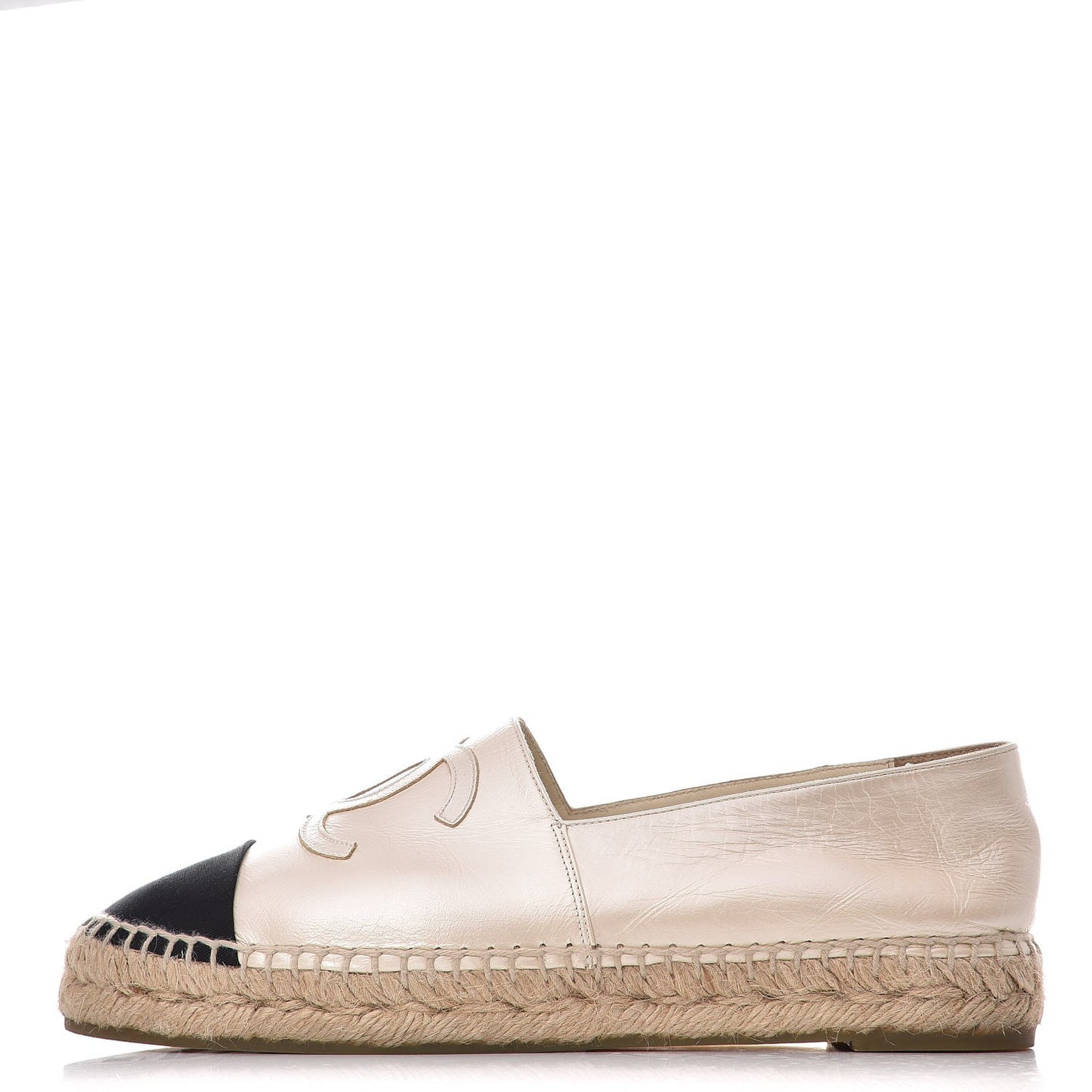 Metallic Calfskin Grosgrain CC Espadrilles 37 Ivory Black