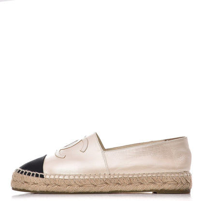 Chanel Metallic Calfskin Grosgrain CC Espadrilles 37 Ivory Black 1 of 11