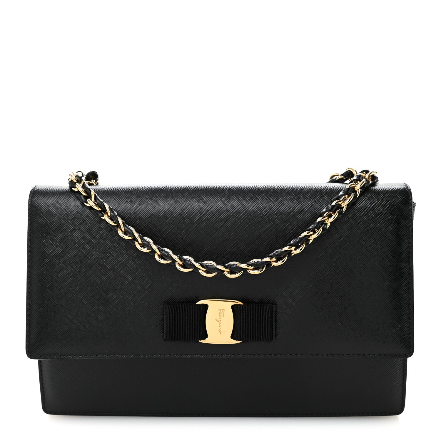 Salvatore Ferragamo Printed Calfskin Vara Bow Chain Flap Crossbody Black 1 of 10