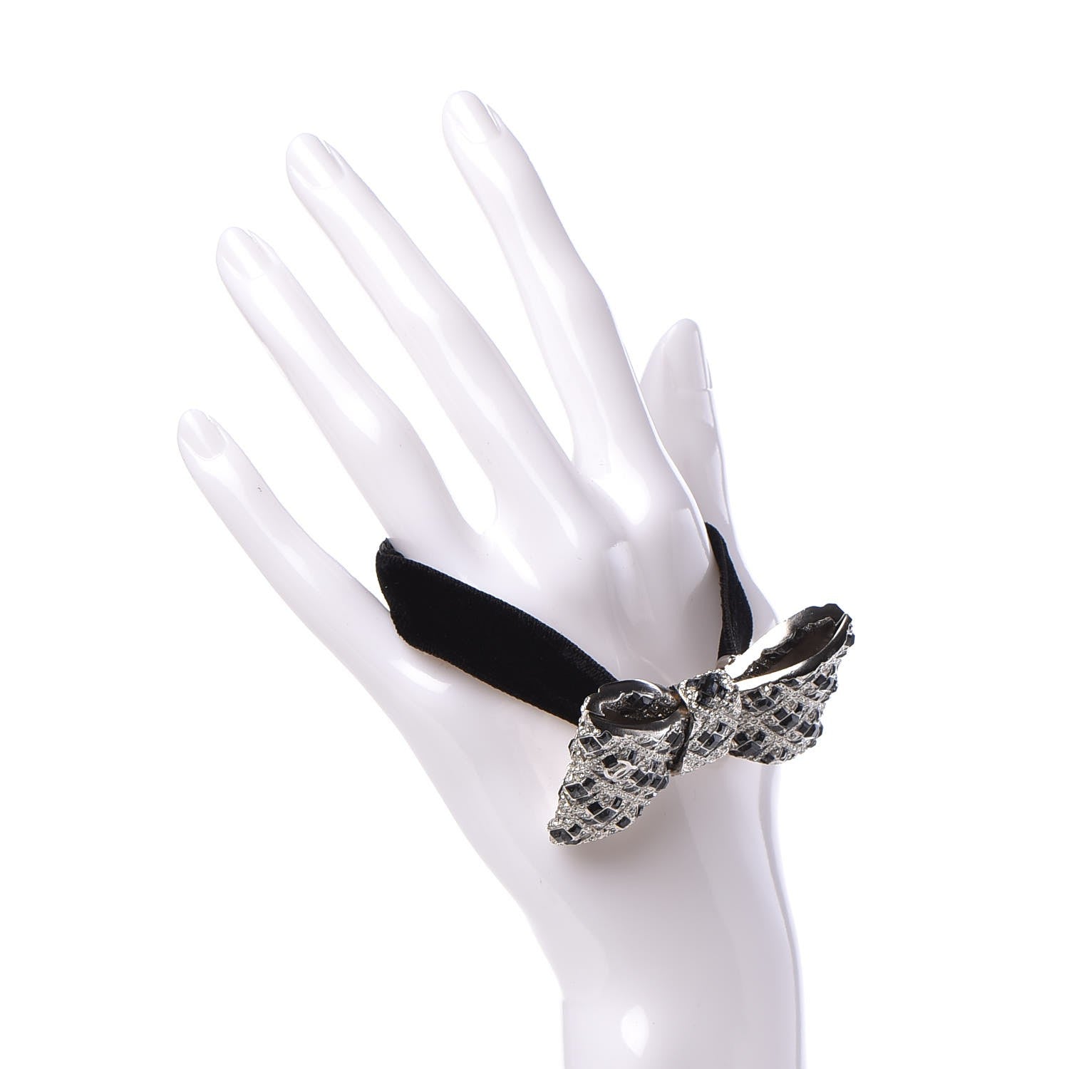 Chanel Crystal Velvet CC Bow Bracelet Black Silver 2 of 4
