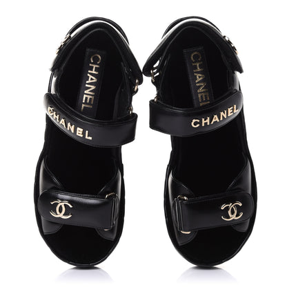 Chanel Shiny Calfskin Logo Platform Sandals 35 Black 5 of 11