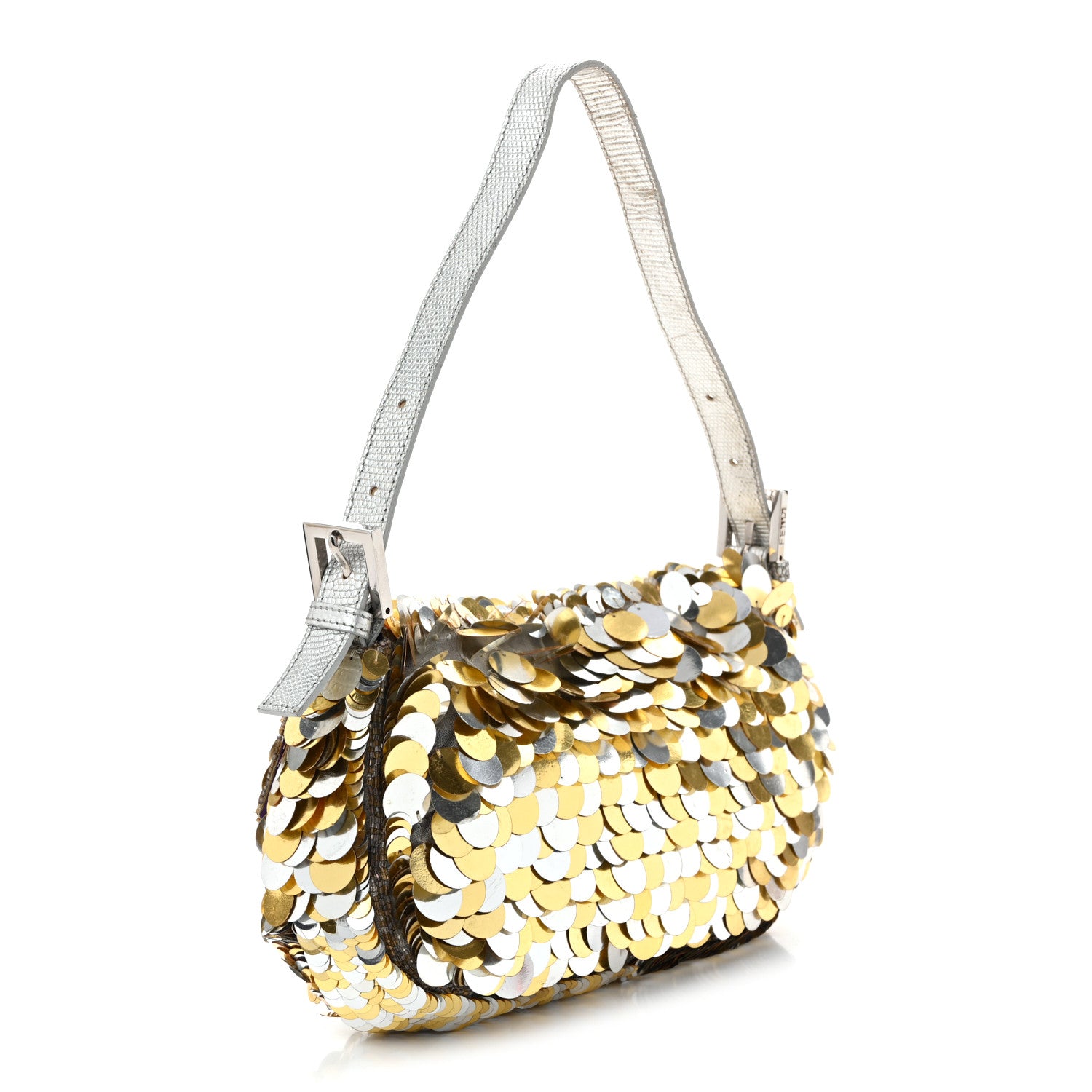 Fendi Sequin Lizard Crystal Baguette Silver Gold 3 of 10