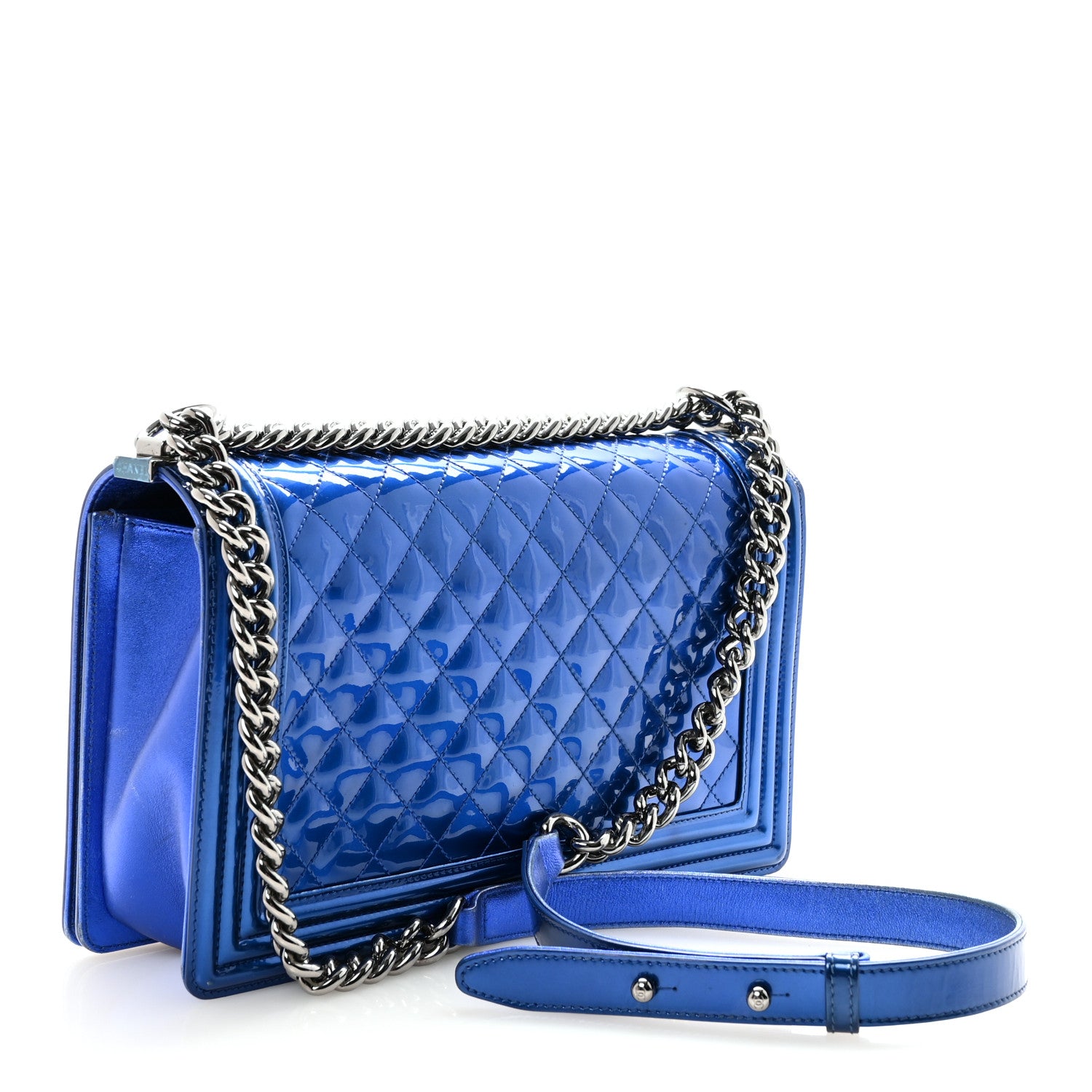Chanel Metallic Patent Quilted New Medium Boy Flap Blue 3 of 10
