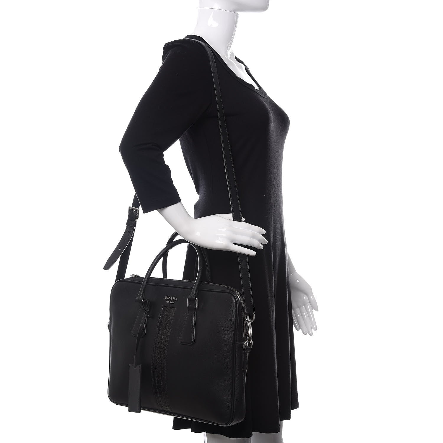 Prada Saffiano Crocodile Embossed Travel Briefcase Black 2 of 10