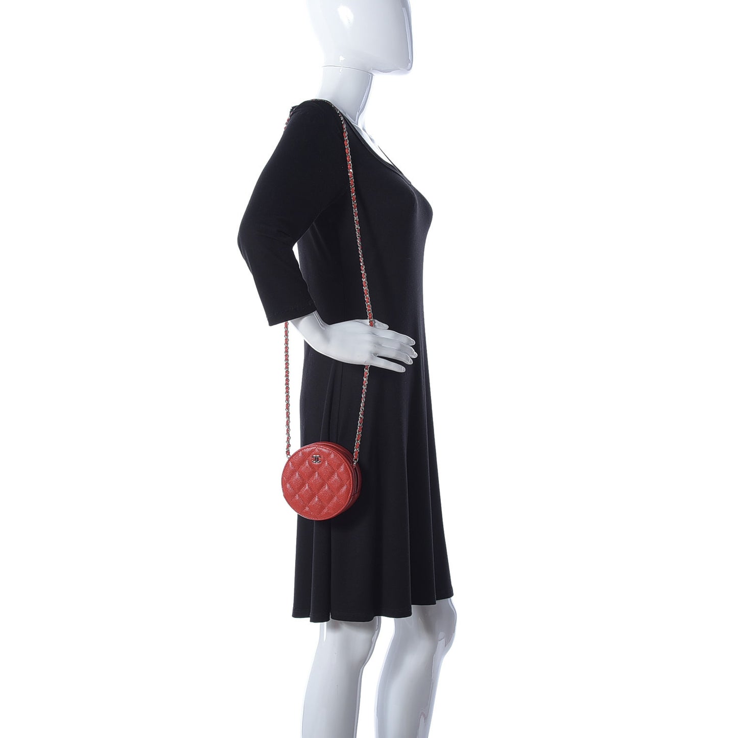 Caviar Quilted Round Clutch With Chain Red