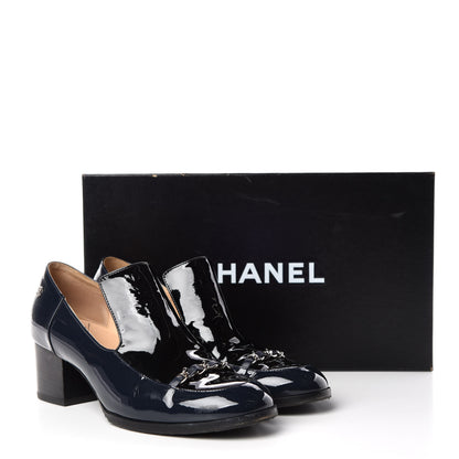 Chanel Patent Chain Loafers Pumps 38.5 Navy 14 of 14