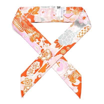 Hermes Silk Bingata Twilly Orange Rose Gris 1 of 4