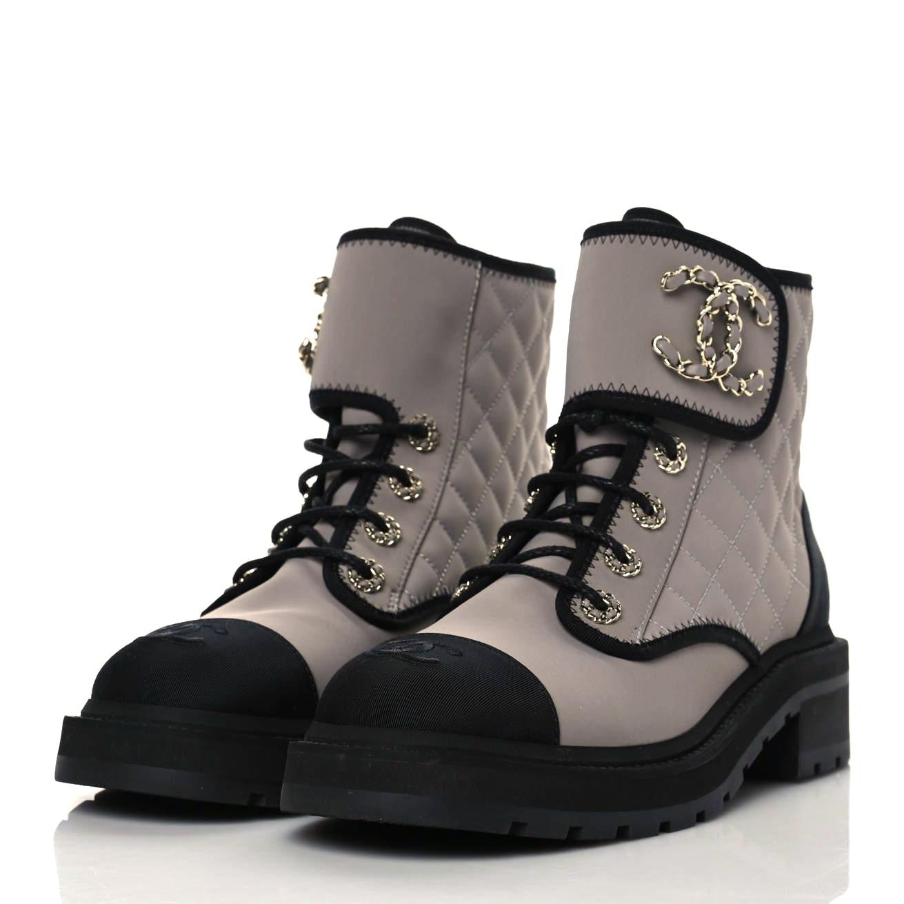 Fabric Grosgrain Quilted Cap Toe Lace Up Combat Boots 38.5 Gray