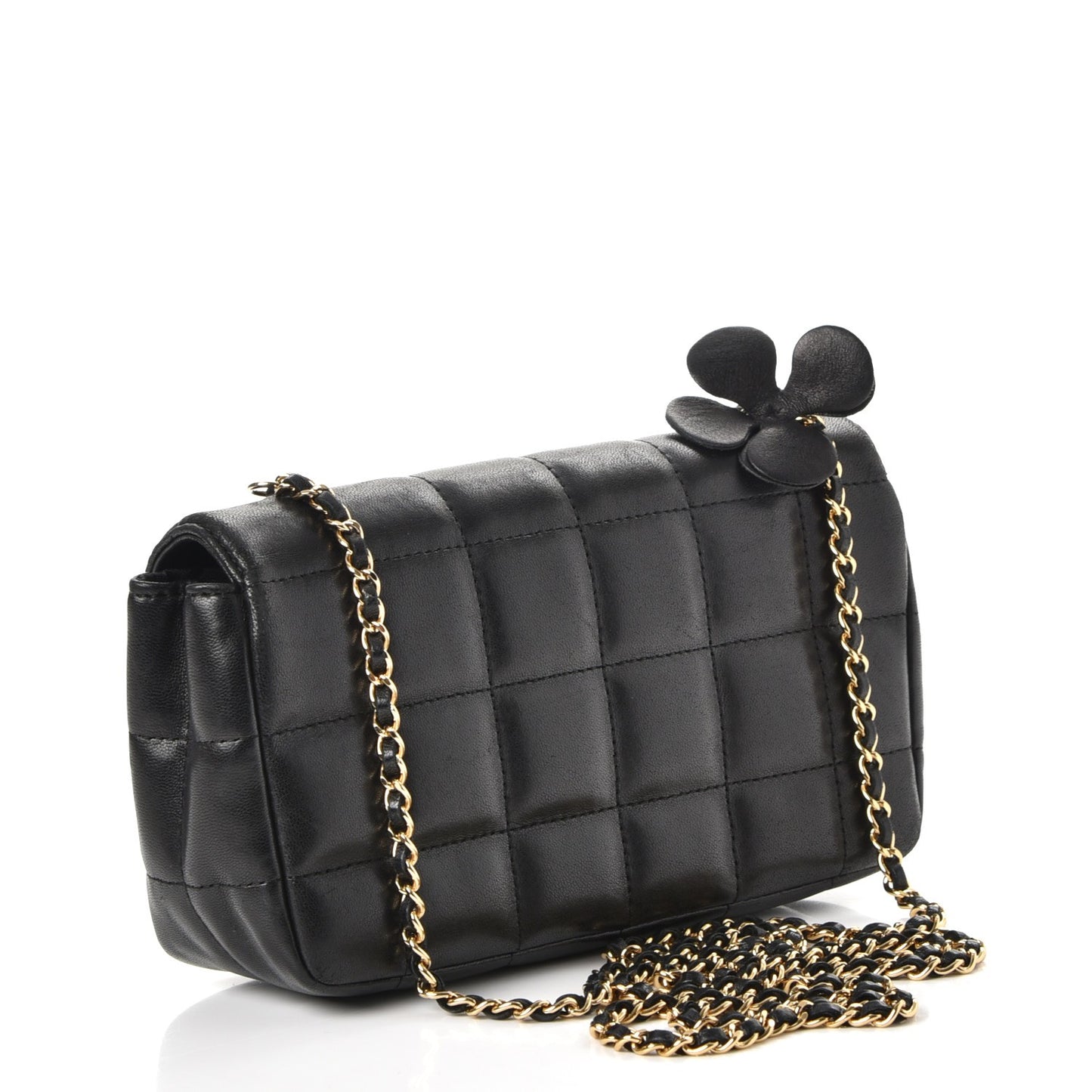 Lambskin Quilted Mini Chocolate Bar Camellia Flap Black