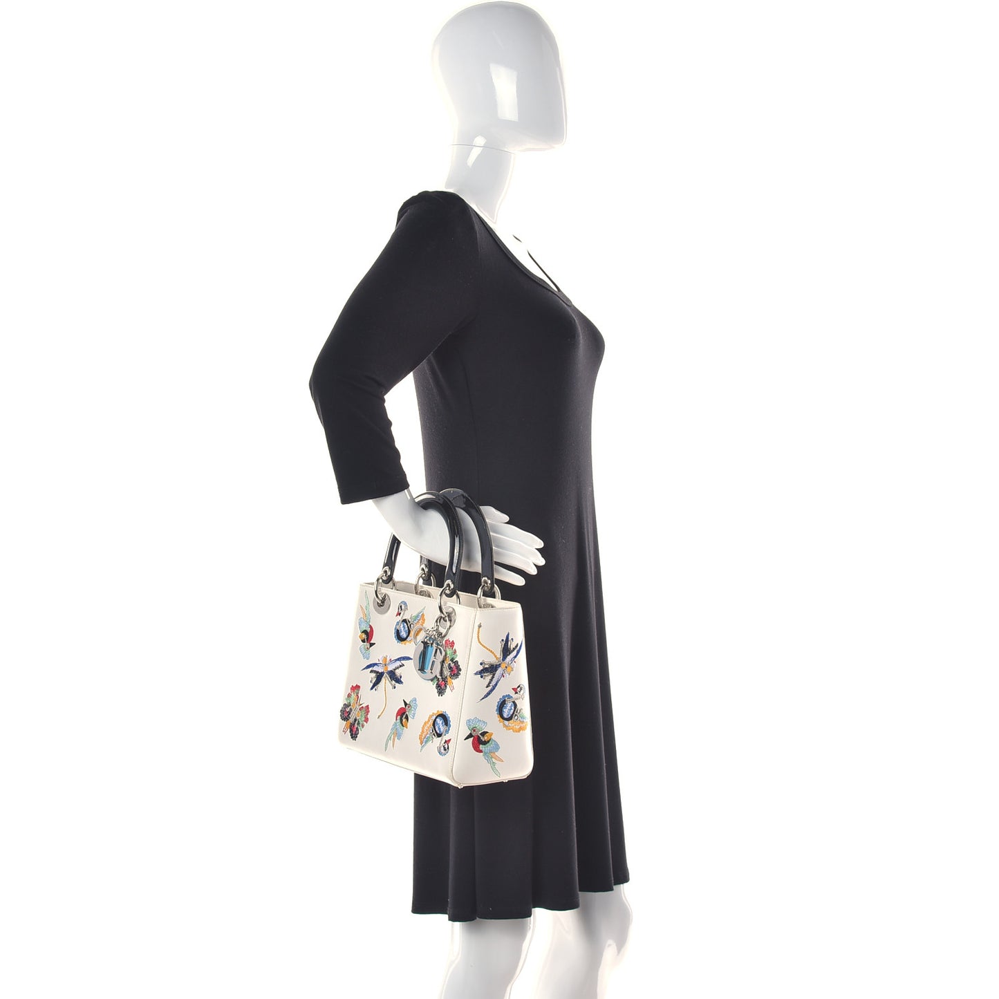 Smooth Calfskin Embroidered Medium Lady Dior White Multicolor