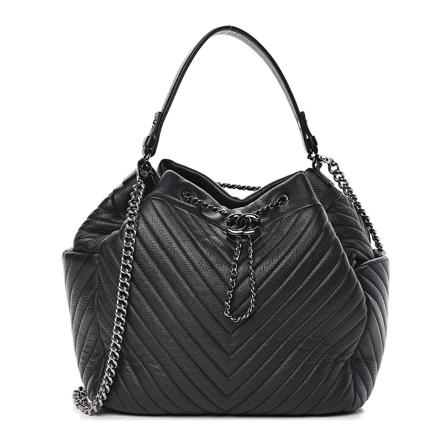 Deerskin Chevron Large CC Chain Bucket Drawstring Bag Black