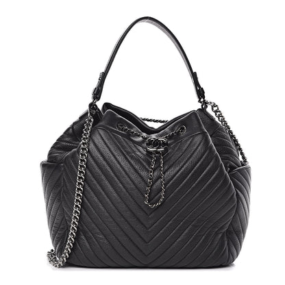 Chanel Deerskin Chevron Large CC Chain Bucket Drawstring Bag Black 1 of 10
