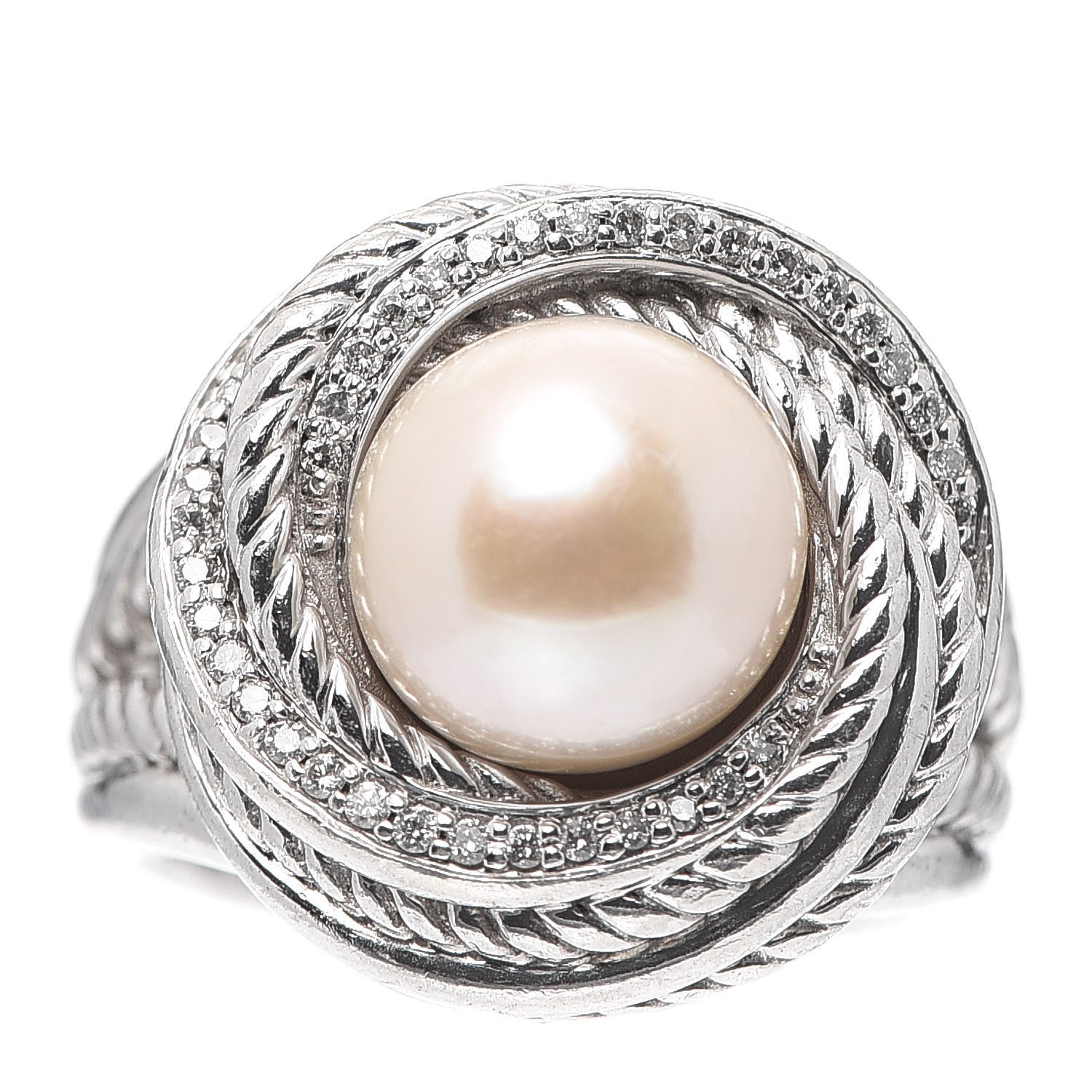 David Yurman Sterling Silver Diamond Pearl 10mm Crossover Ring 54 6.75 1 of 5