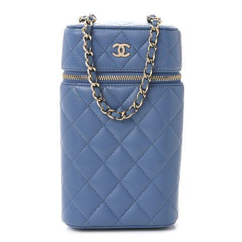 Caviar Quilted Phone Holder With Chain Blue