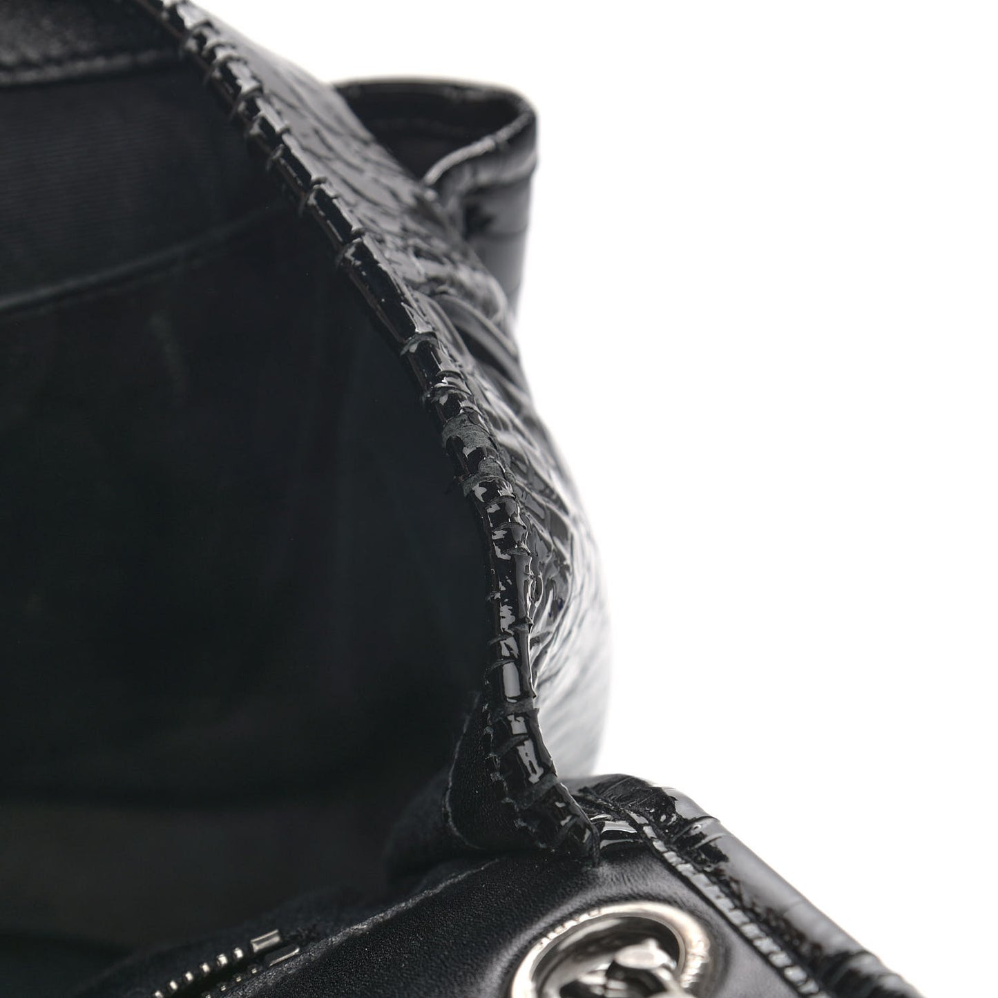 Patent Crocodile Embossed Lambskin Monogram Medium Niki Chain Satchel Black