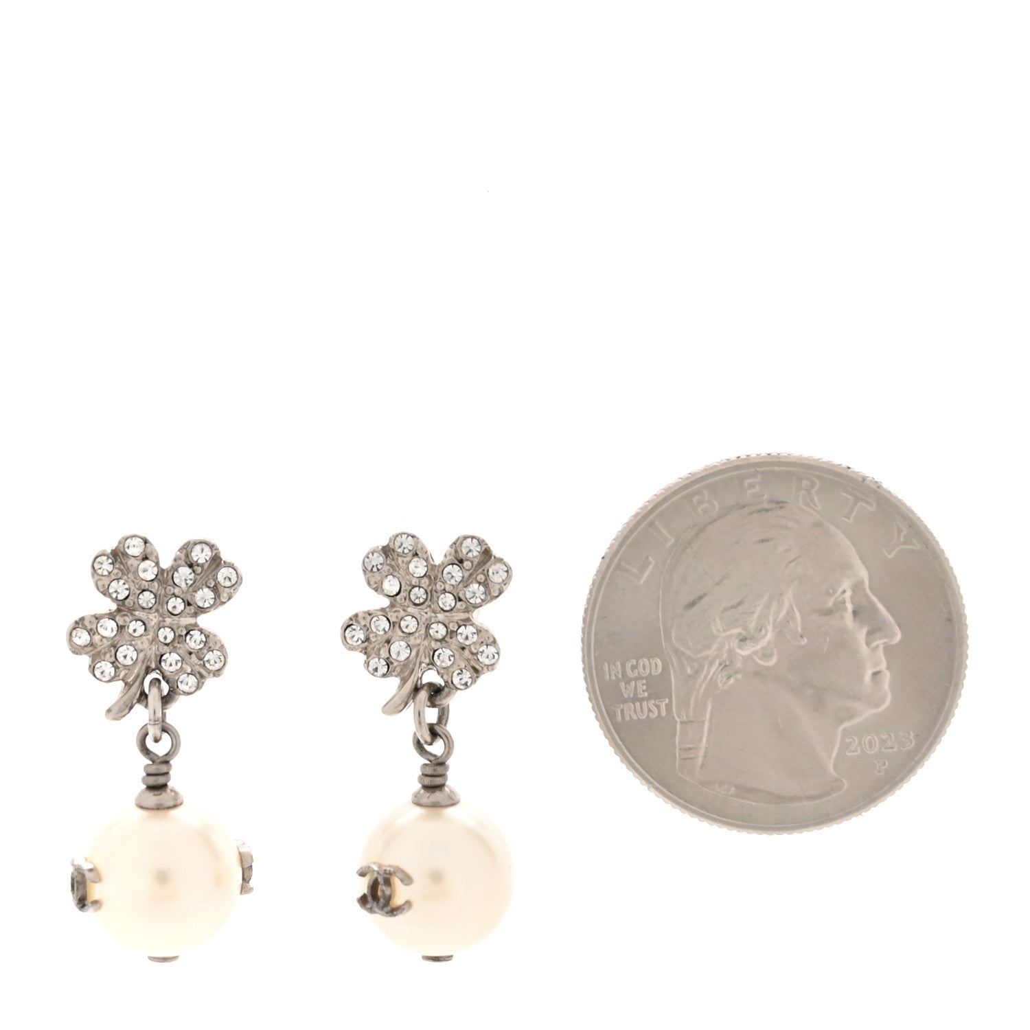 Chanel Crystal Pearl CC Clover Drop Earrings Silver 2 of 4
