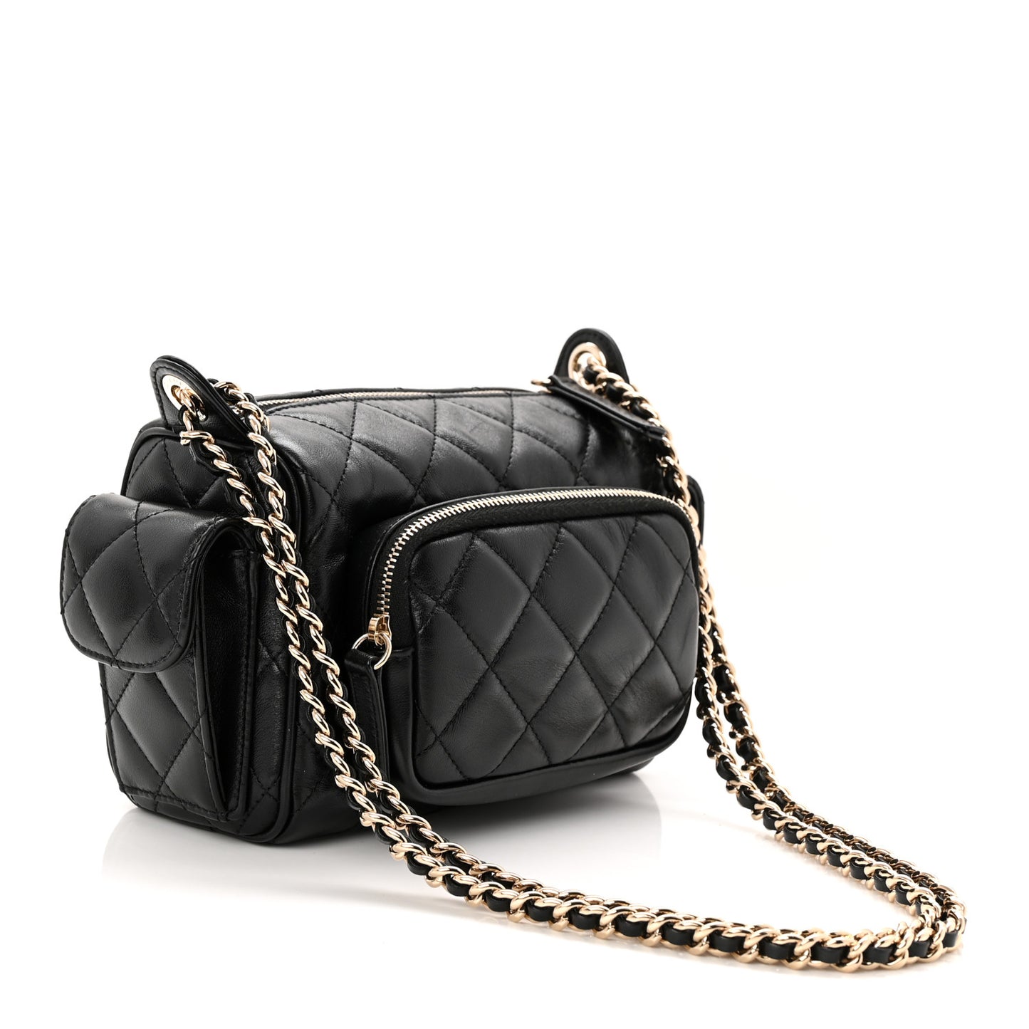 Shiny Crumpled Lambskin Quilted Small Preppy Pocket Camera Case Black