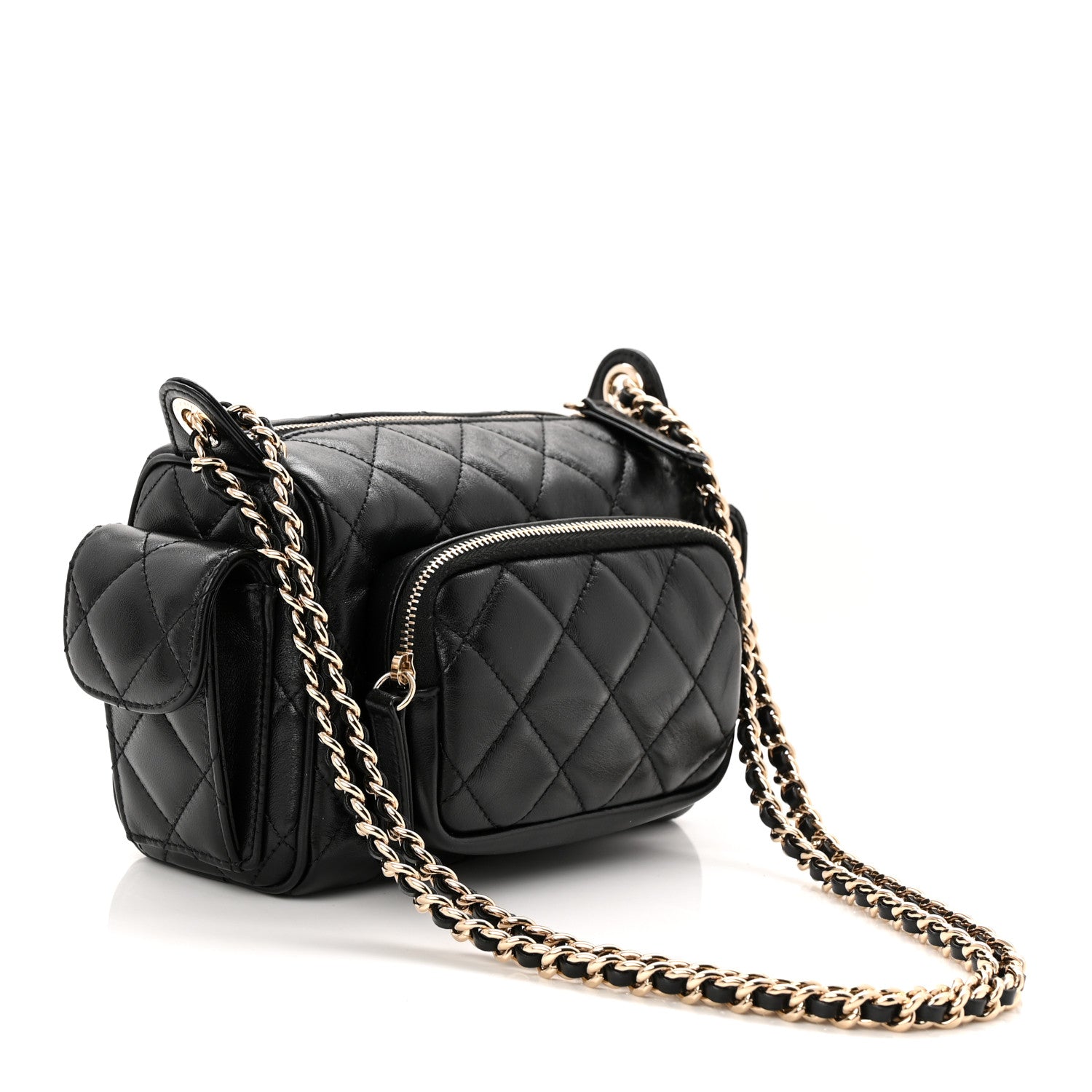 Chanel Shiny Crumpled Lambskin Quilted Small Preppy Pocket Camera Case Black 3 of 9