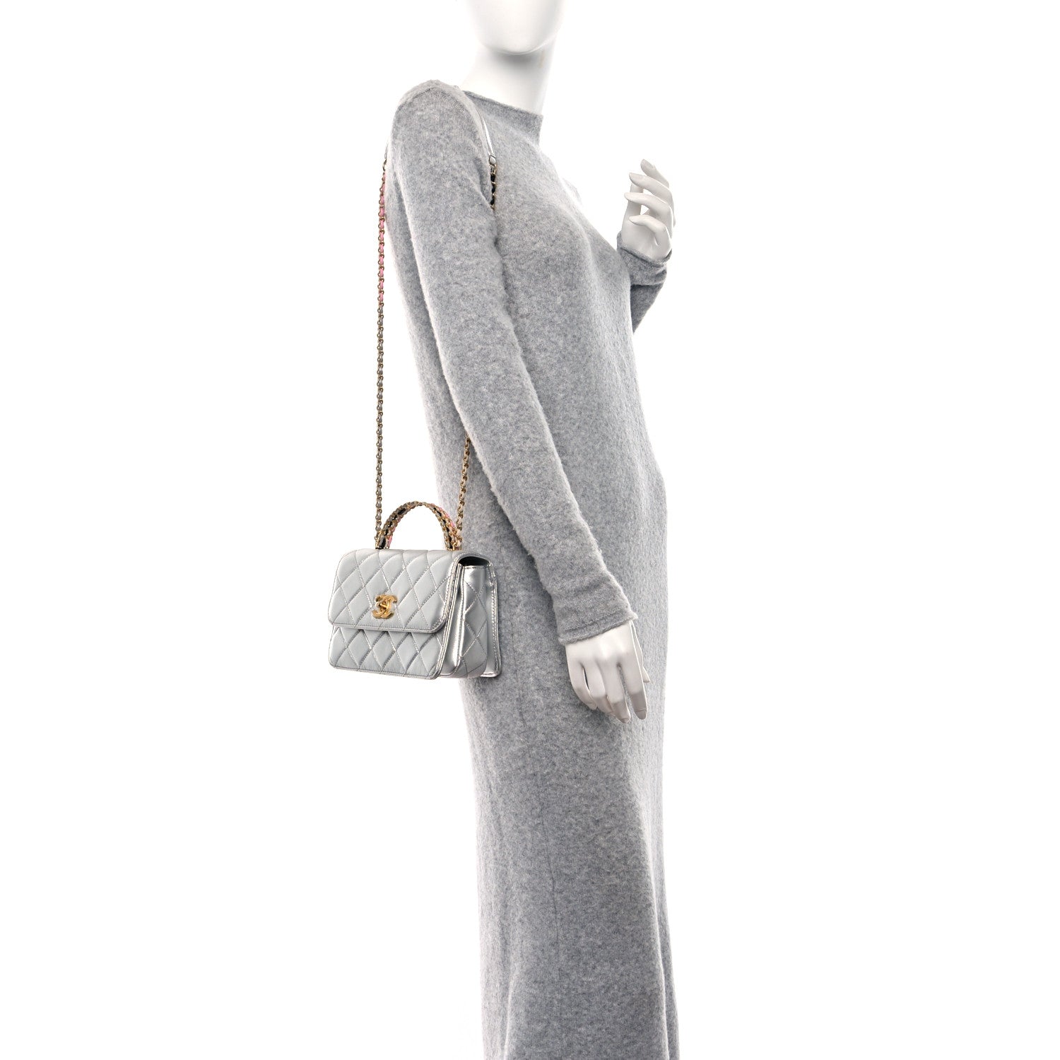 Chanel Metallic Calfskin Quilted Mini Metal Top Handle Flap Silver 2 of 9