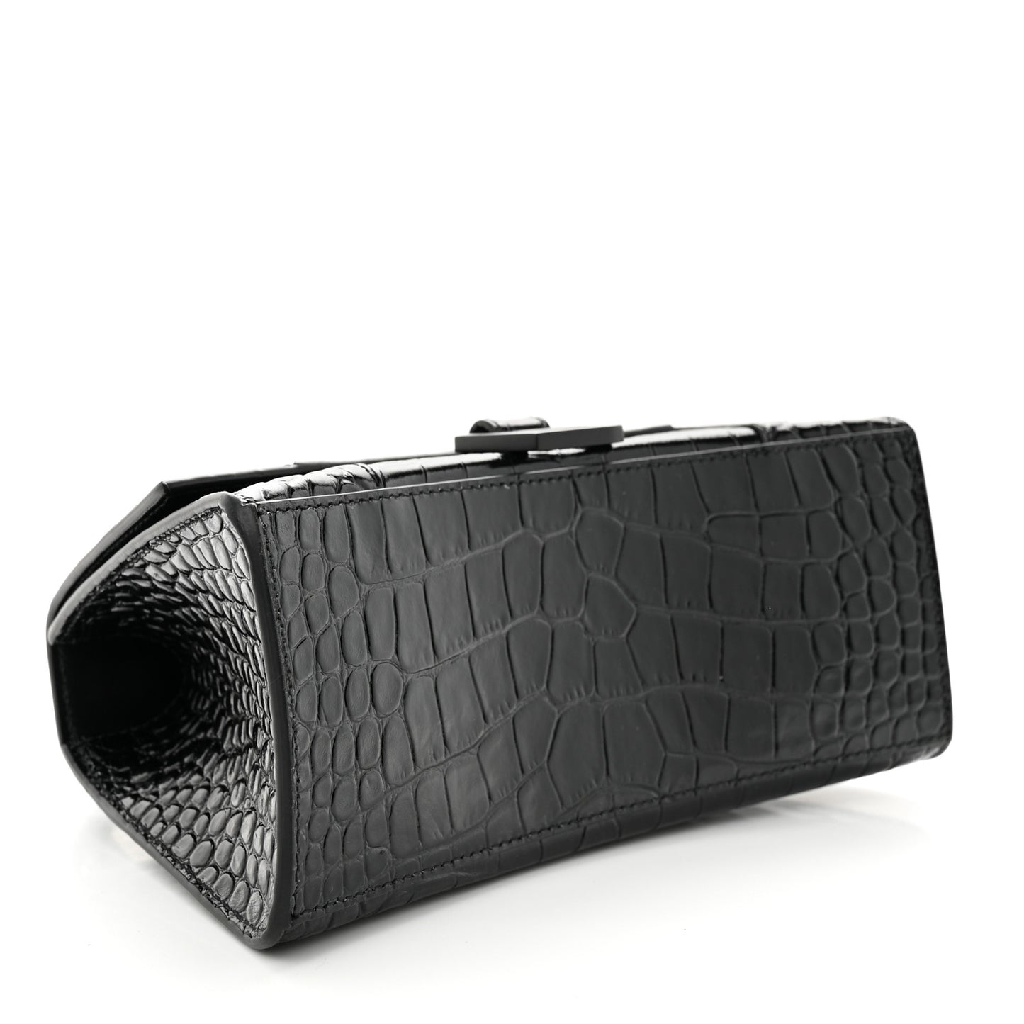 Shiny Calfskin Monochrome Crocodile Embossed Small Hourglass Top Handle Bag Black