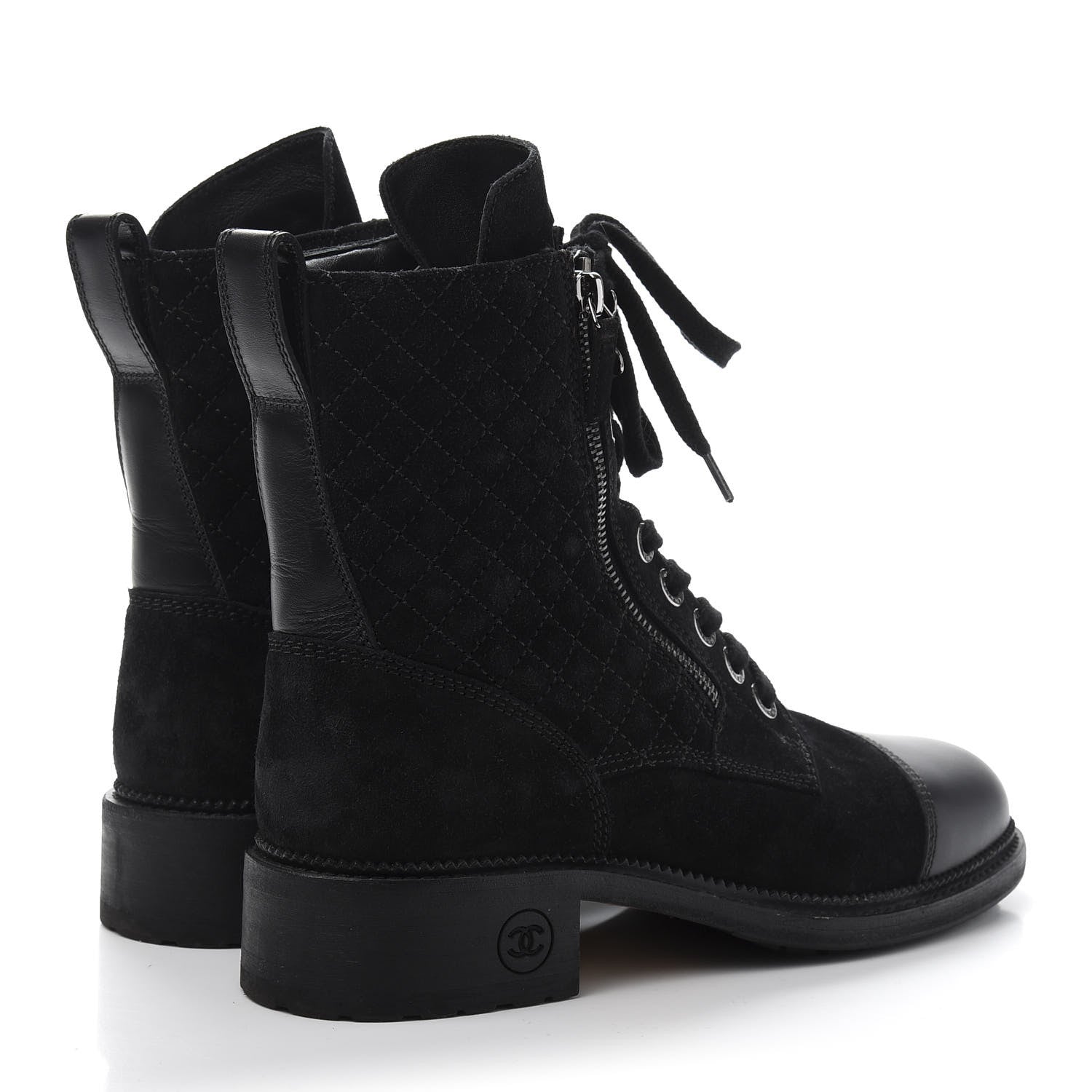 Chanel Suede Quilted CC Lace Up Combat Boots 41 Black 4 of 8