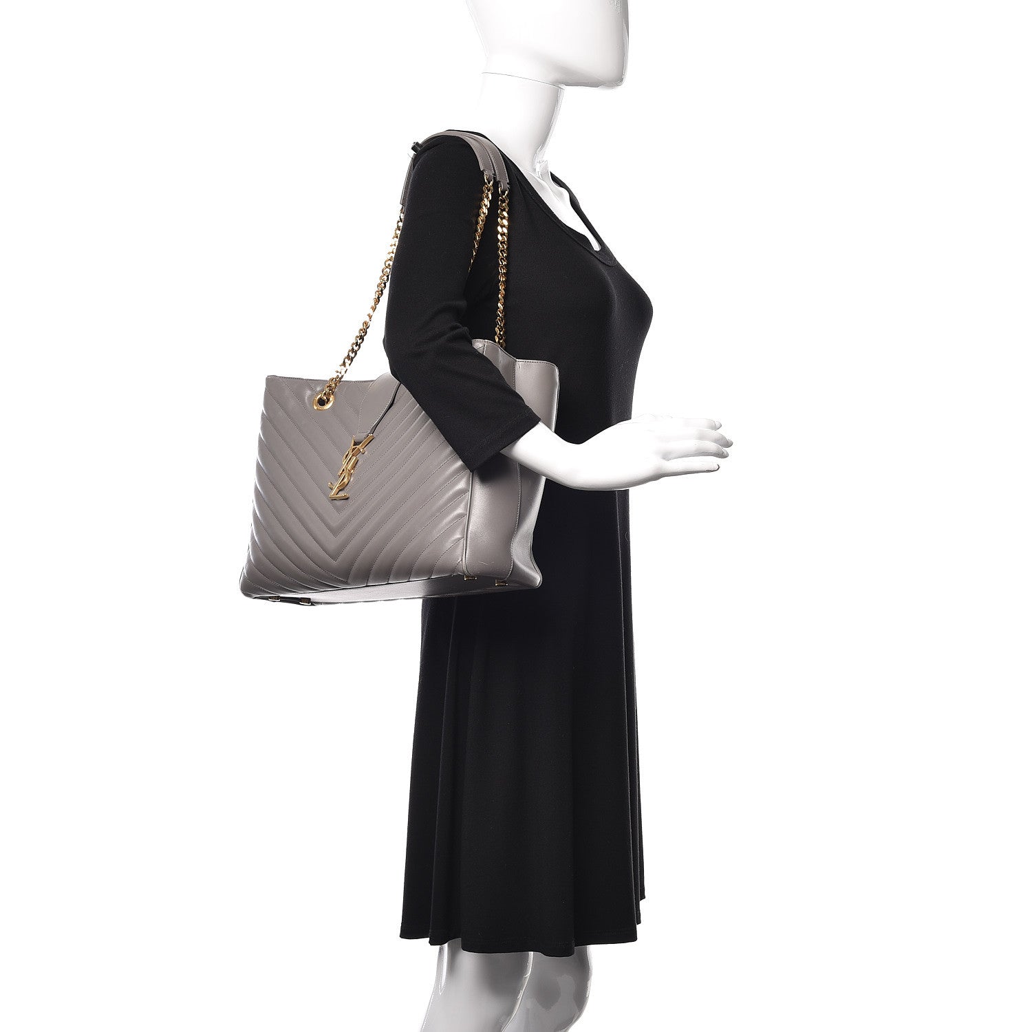 Saint Laurent Smooth Calfskin Matelasse Chevron Monogram Shopping Bag Grey 2 of 23
