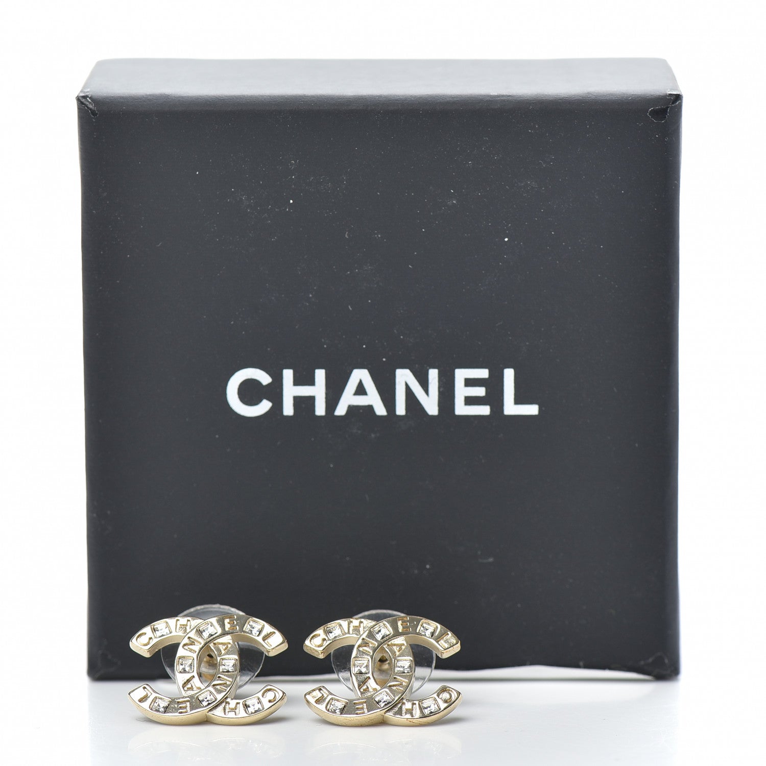 Chanel Crystal Metal CC Paris Button Stud Earrings Gold 5 of 5