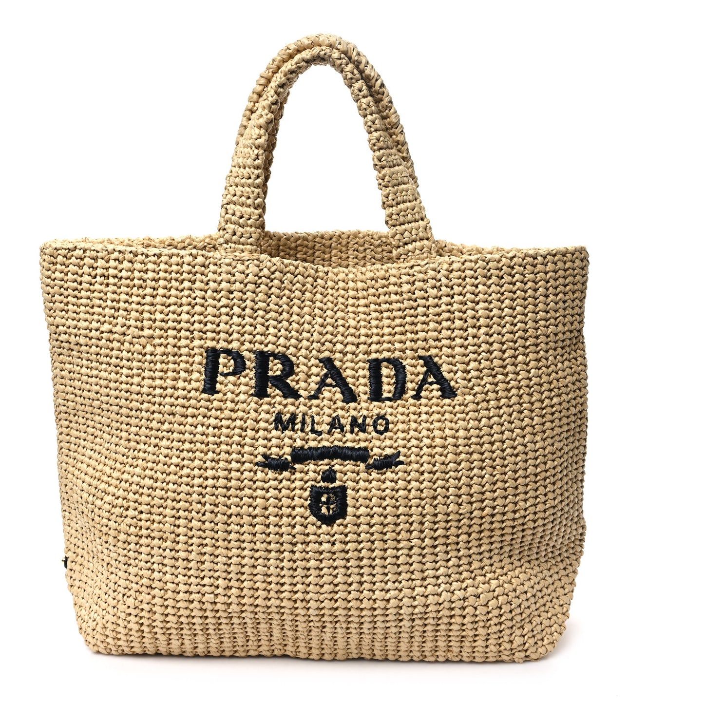 Yarn Raffia Effect Crochet Embroidered Logo Tote Naturale