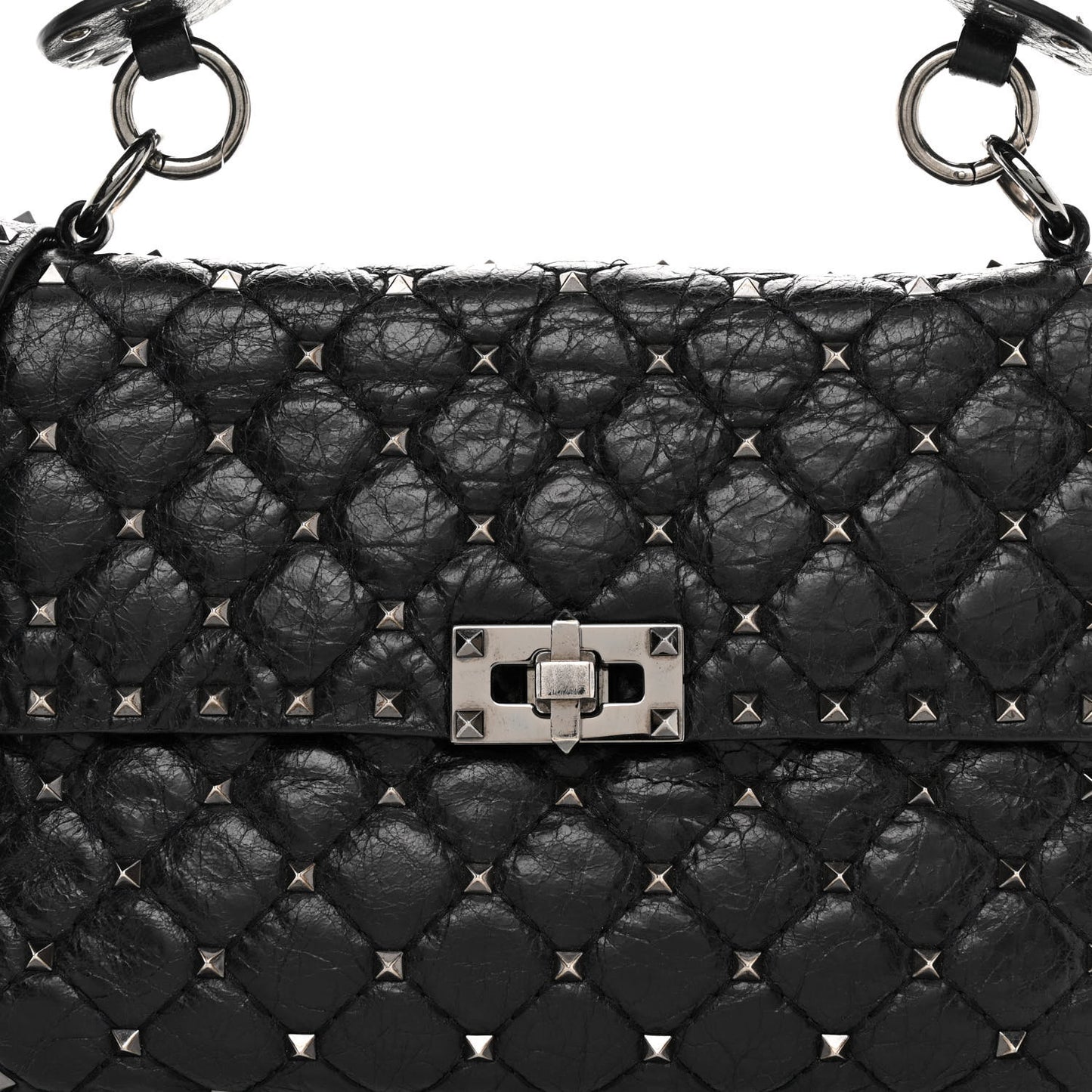 Craquele Nappa Medium Rockstud Spike Shoulder Bag Black