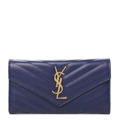 Saint Laurent Grain De Poudre Matelasse Chevron Monogram Flap Wallet Navy 1 of 8