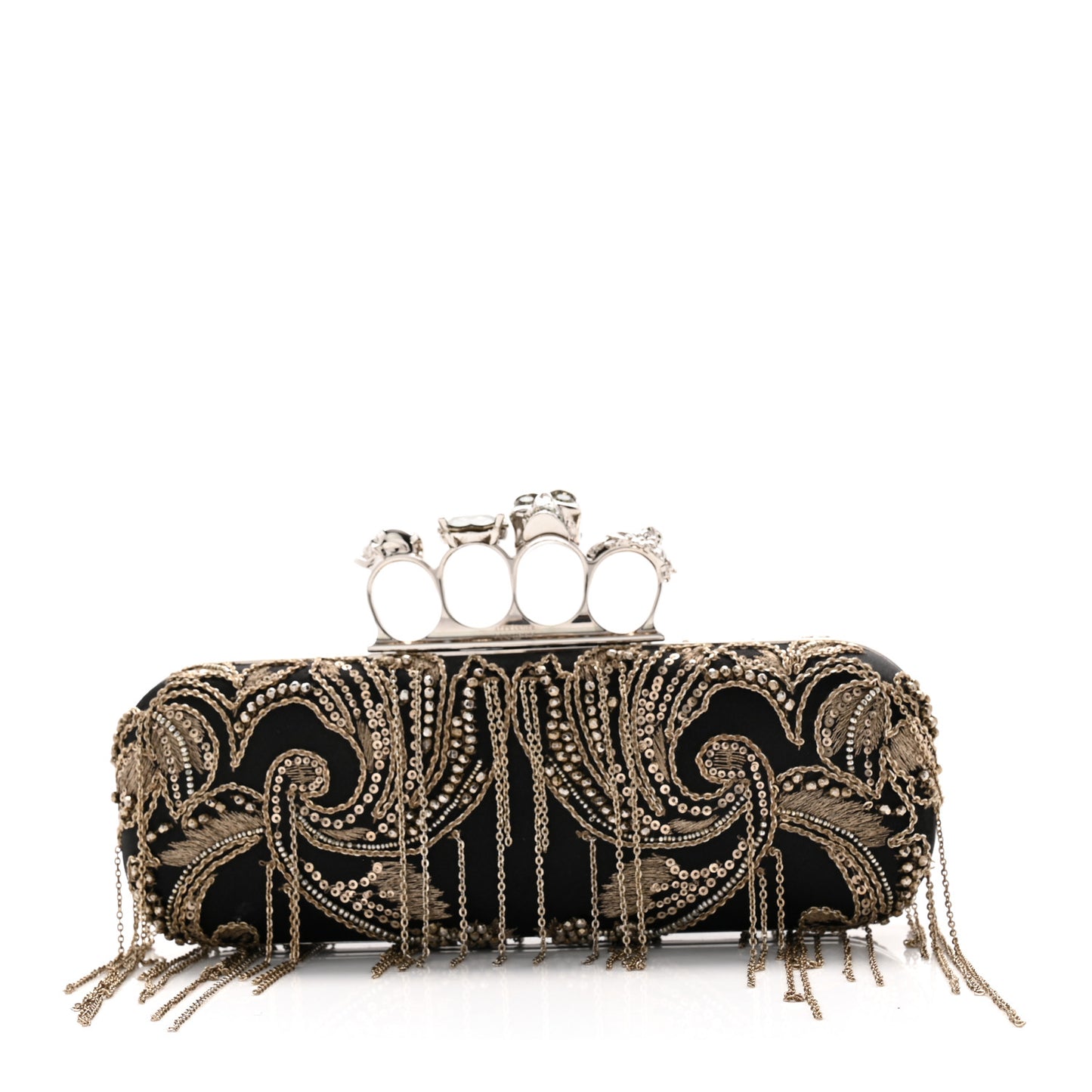 Silk Chain Skull Knuckle Box Clutch Black