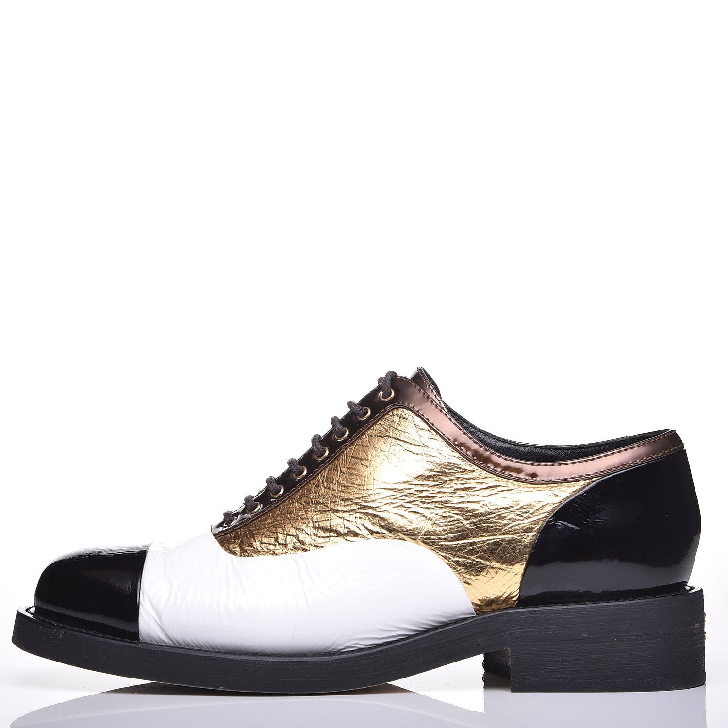 Chanel Crumpled Lambskin Patent CC Lace Up Oxfords 38 White Gold Black 1 of 10
