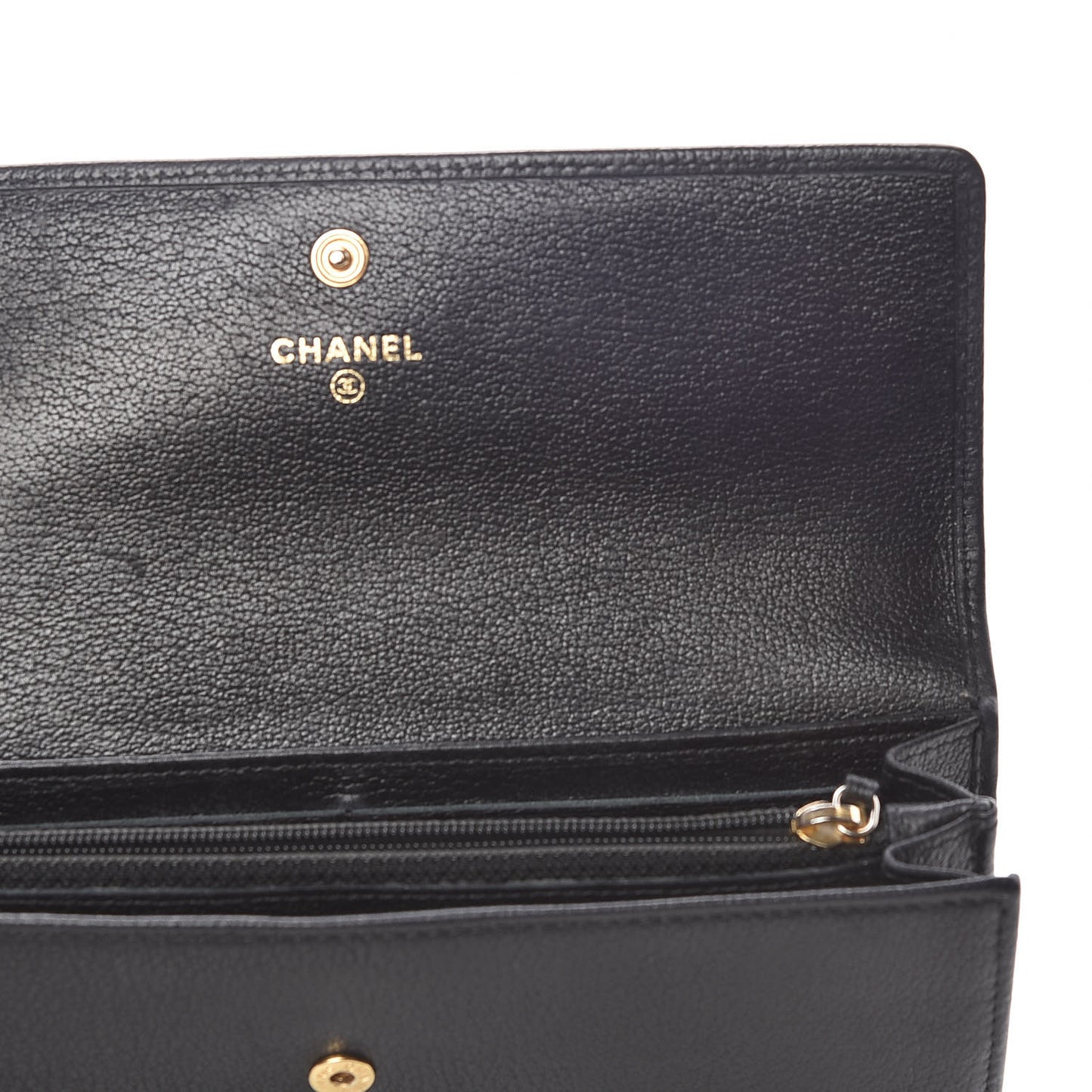 Goatskin Camellia Embossed Flap Wallet Black